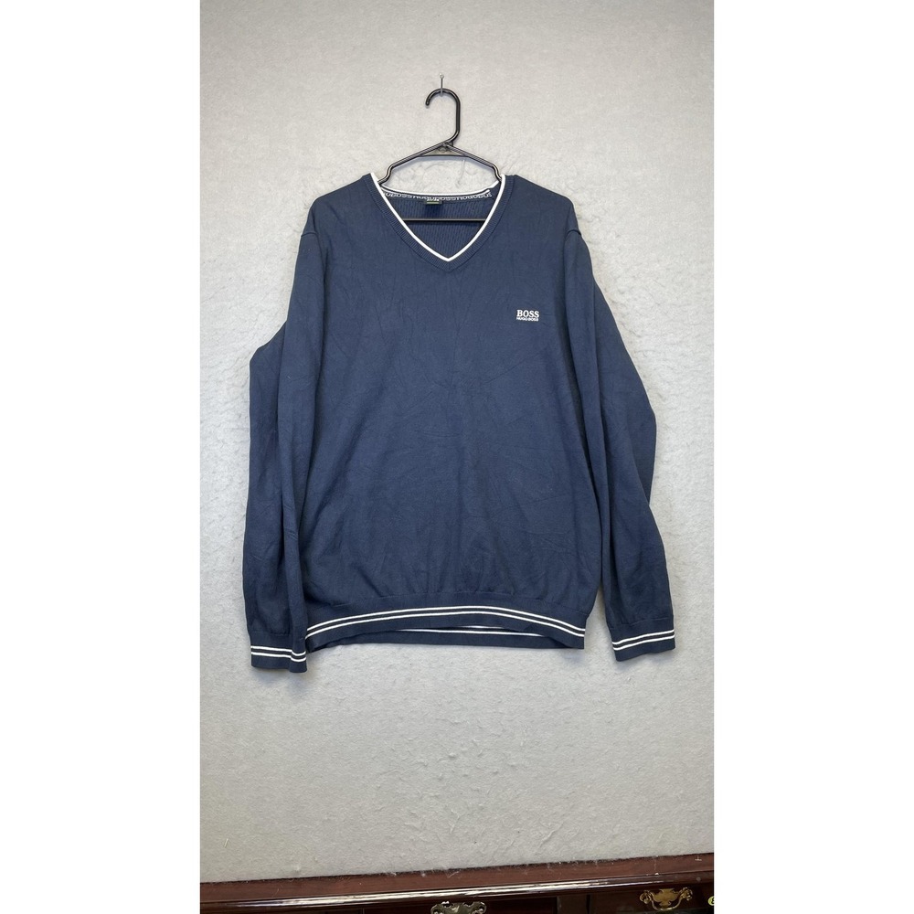 BOSS Hugo Boss Sweater Mens XL Navy V Neck Pullover Tipped Trim Embroidered‎